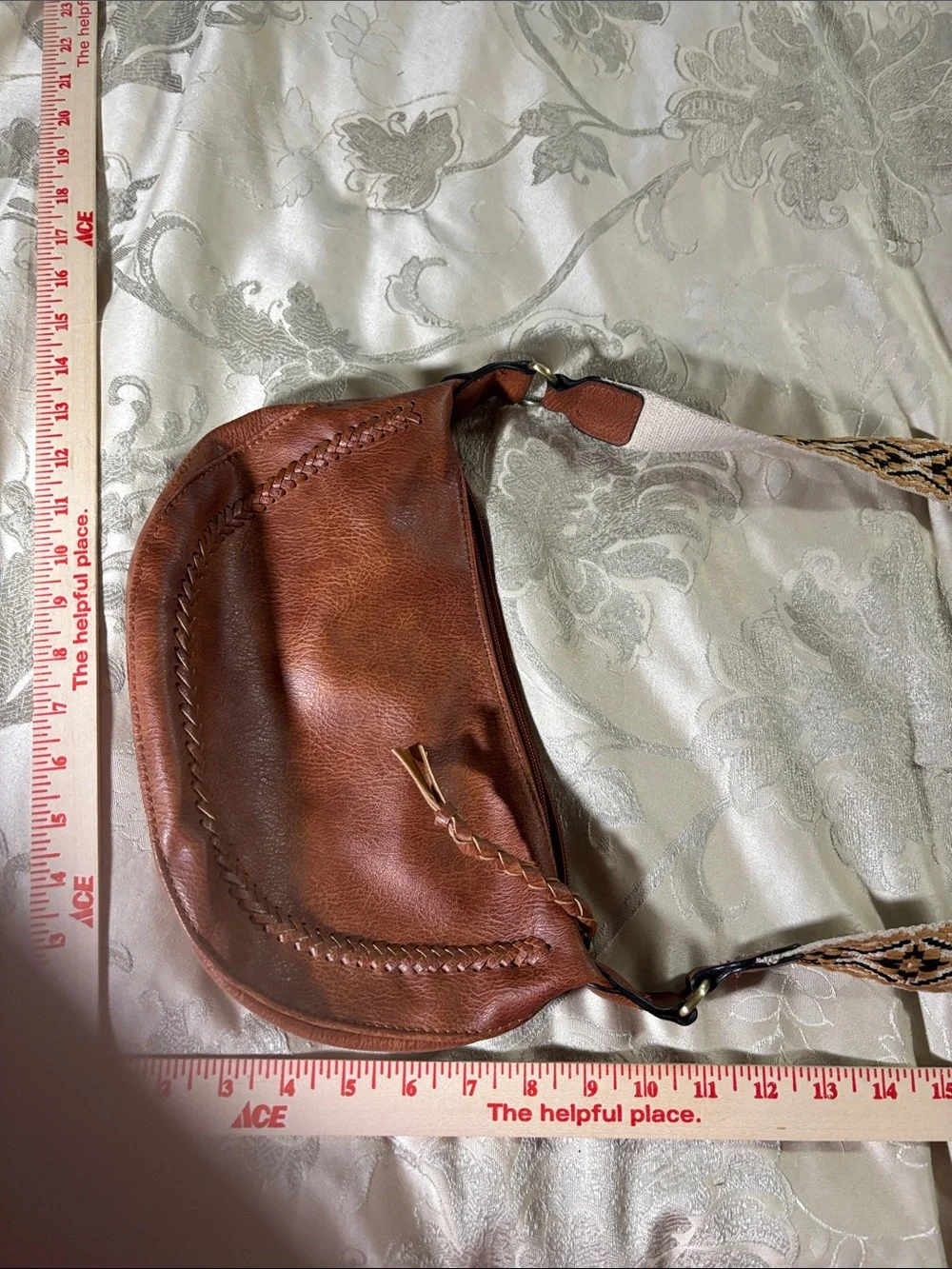 Brown Leather Crossbody Bag with Patterned Strap